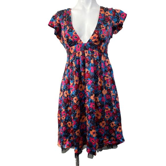 Free People Silk Floral V-neck A-line Dress 6 - Picture 2 of 7